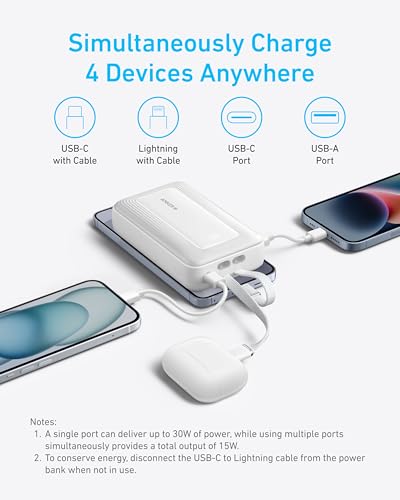 Anker Power Bank, 20,000mAh 30W Max Fast Portable Charger with Built-in USB-C and MFi Certified Lightning Cables, USB-C&A, Battery Pack for iPhone 17/16/15/14 Series, MacBook, Galaxy 5