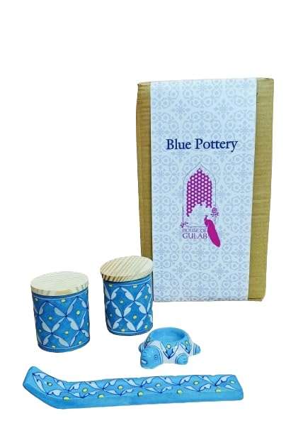 HOUSE OF GULAB Blue Pottery, 100% Handcrafted Blue Pottery with Gift Box, Eco Friendly Pottery for Kitchen & Bathroom (Sky Blue - Bhakti Set) 1