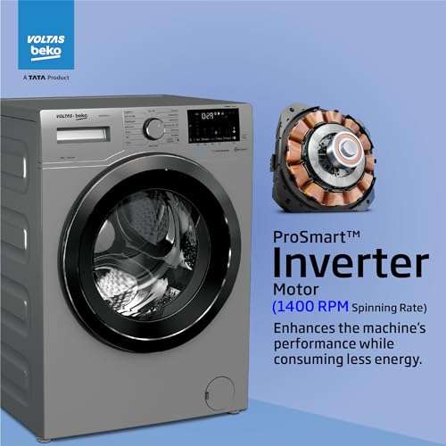 Voltas Beko 8.0kg, Inverter, 5 Star Front Load Washing Machine (WFL8014VTSC, Gray), Steam Wash,Stain Expert 2