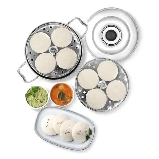 Fortuna Stainless Steel Multi Purpose Kadai with Steel Lid, Idli Maker Steel 2 Idli Plate 8 Cavity Idli Cooker Stainless Steel Idly Pot 3