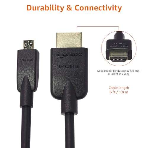 Amazon Basics Micro HDMI to HDMI Display Cable, 18Gbps High-Speed, 4K@60Hz, 2160p, 48-Bit Color, Ethernet Ready, 6 Foot, Black 4