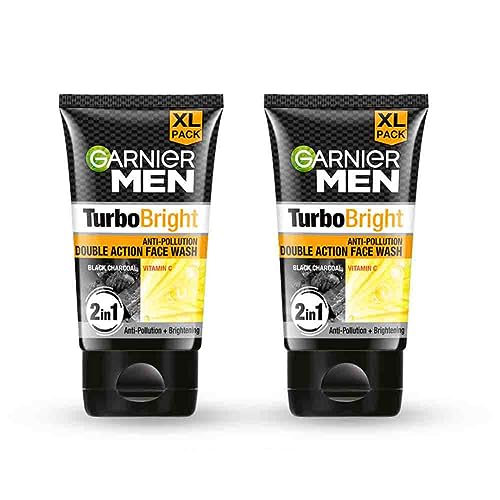 Garnier Men Turbo Bright Double Action Face Wash, Deep Cleansing Anti Pollution Face Wash with Charcoal and Vitamin C, Suitable for all Skin Types, 150g x2 (Pack of 2) 1