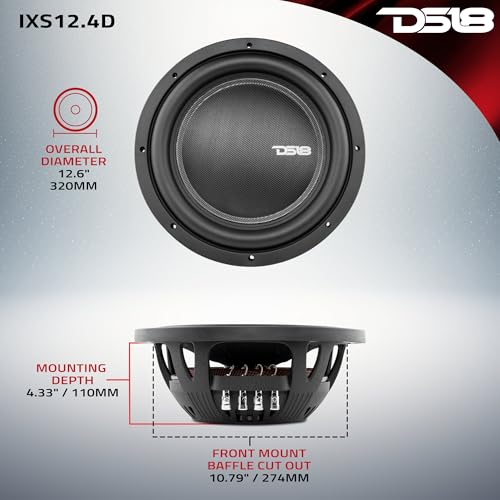 DS18 IXS12.4D Shallow Car Subwoofer - 12" 1600W MAX Power, 800W RMS, Dual Voice Coil, 4+4 Ohms Impedance (1 Speaker) 5