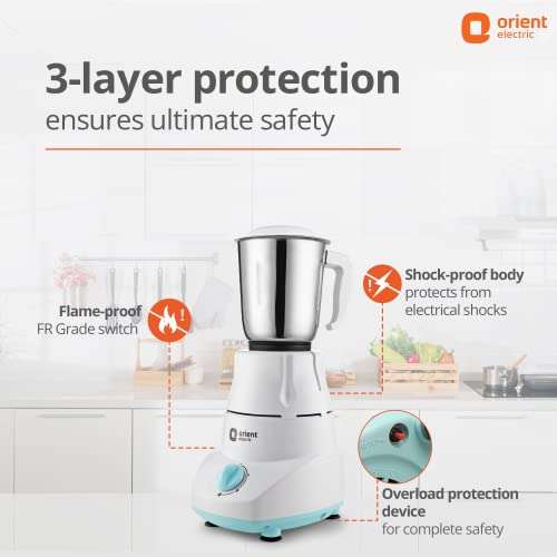 Orient Electric 500W mixer grinder | Kitchen Kraft 500 MGKK50B3 with 3 SS jars | Longer life balanced coil motor | ABS body | Uniform grinding | 5 years motor warranty 5