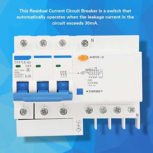 Residual Current Circuit Breaker, DZ47LE-63 3P + N C63 RCCB Air Switch with Short Circuit Protection, Electrical Leakage, Overload, for 230V Circuit 63A 30mA ZozCgkdz 3