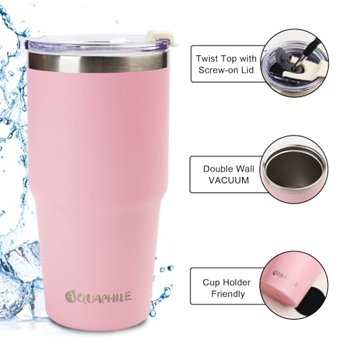 AQUAPHILE 20 oz Insulated Tumbler, Stainless Steel Travel Mug with Lid and Straw, Double Wall Vacuum Leak Proof Portable Coffee Tumbler, Thermal Cup for Car, Camping, Outdoor(Pink) 3