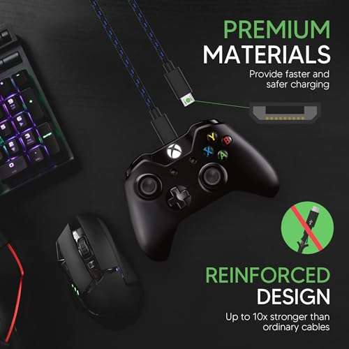 Talkworks Controller Charger Cord for Xbox One - 2 Pack 10 ft Nylon Braided Micro USB Charging Cable - Also Android Compatible with Samsung Galaxy, PS4 5