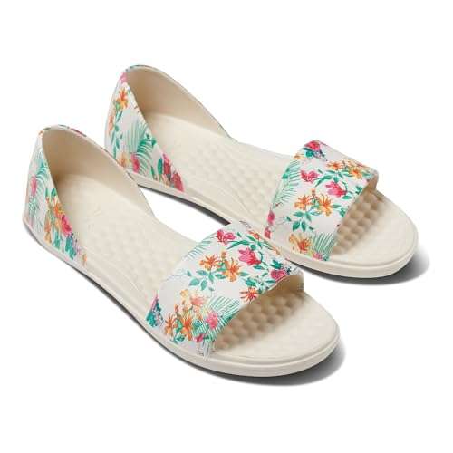 Joybees Women's Friday Flat - Ballet Flats for Women, Cute & Casual Dress Shoe, Comfortable Rubber Foam Sandals for Work, Walking, Gardening, Waterproof, Non Slip - Tropical Palm/Bone, Women's Size 10 2