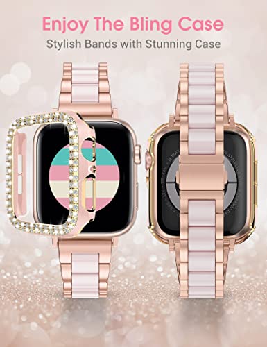 Wearlizer Compatible with Apple Watch Band 40mm/41mm with Case Upgraded Resin Metal Band Stainless Steel Buckle with Bling Crystal Rhinestone Cover for iWatch Series SE/7/6/5/4(Gold+Pink) 2