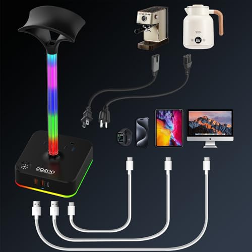 cozoo RGB Headphone Stand with Charger 3 USB Ports and 2 AC Outlets,2 USB-A 1 Type C,Desk Gaming Headset Holder with 9 Light Modes,PC Gaming Desk Accessories,Gamer Gifts,RGB Gaming Stuff Headset Stand 5
