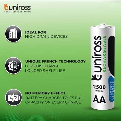 Uniross Ni-MH AA Rechargeable Battery | 2500 Series | Ultra High Power| for High Drain Devices | with Low Discharge Mechanism | 0% Mercury & Cadmium | 1.2V | Pack of 2 3
