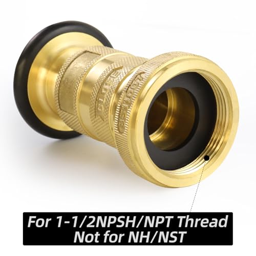 Fire Hose Nozzle 1-1/2" NPSH/NPT Fire Fighter Hose Nozzle 100 psi 75 gpm Brass Fire Equipment Jet Fog Spray Nozzle, Heavy-Duty Industrial Brass Fire Equipment Water Hose Nozzle 5