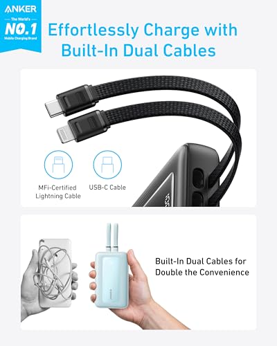 Anker Power Bank, 20,000mAh 30W Max Fast Portable Charger with Built-in USB-C and MFi Certified Lightning Cables, USB-C&A, Battery Pack for iPhone 17/16/15/14 Series, MacBook, Galaxy 2
