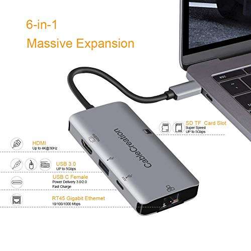 USB C Hub, CableCreation 6 in 1 Aluminum USB Type C to HDMI, Ethernet, USB C PD Charging, SD TF Card Reader, USB 3.0 Adapter, Compatible with MacBook Pro 2019/2018, iPad Pro 2018, Galaxy S10/S9, LG G5 2