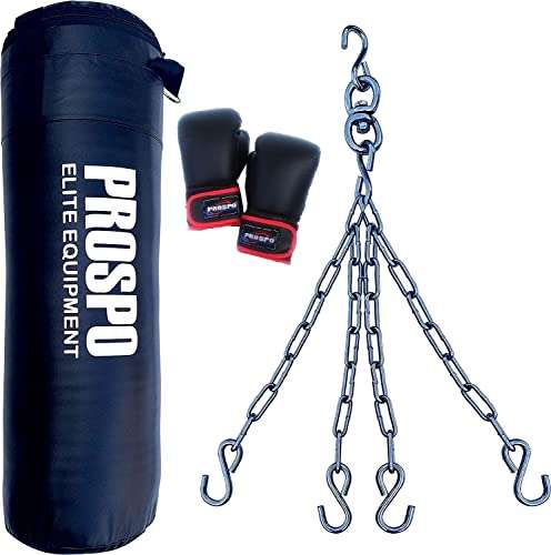 Prospo Punching Bag, Boxing Bag, Rough Srf Punching Bag (36inch) Unfilled with Super Strong Hanging Chain and Glove (12oz), Boxing Kit for unisex, Heavy Punching Bag , Boxing Bag , MMA Punching Bag, with Chain, 3 Ft Unfilled Extra Strong bag, with chain and Glove (12oz) Black 1