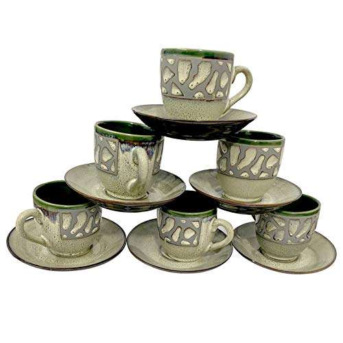 Lemon Tree Indian Ceramic Fine Bone China Cup, Green Marble Plated Tea Cup with Saucers (Set of 6+6) 1