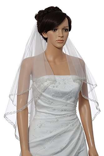 SAMKY 2T 2 Tier Dual Edge Embroided Pearl Crystal Beaded Veil - White Fingertip Length 36" V452 2