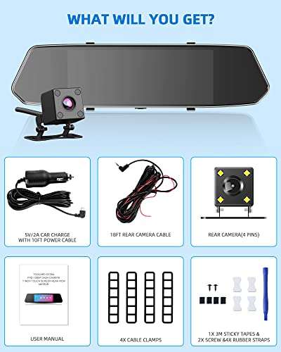 7" Dual Mirror Dash Cam Front and Rear FHD 1080P Car Camera Touchscreen Rear View Mirror Camera Waterproof Backup Camera with Parking Assistance Motion Detection 6