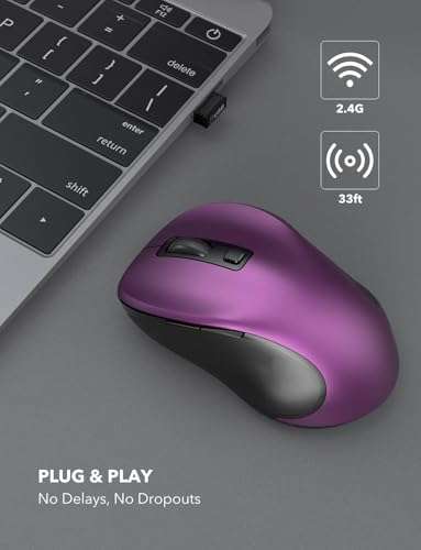 Trueque Wireless Mouse for Laptop, 2.4GHz Ergonomic Computer Mouse with Back & Forward Buttons, 3 Adjustable DPI Levels, 6 Buttons, Optical USB Cordless Mice for Windows PC (Purple, 1 Pack) 2