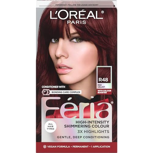L'Oreal Paris Feria Multi-Faceted Shimmering Permanent Hair Color, R48 Red Velvet (Intense Deep Auburn), Pack of 1, Hair Dye 1
