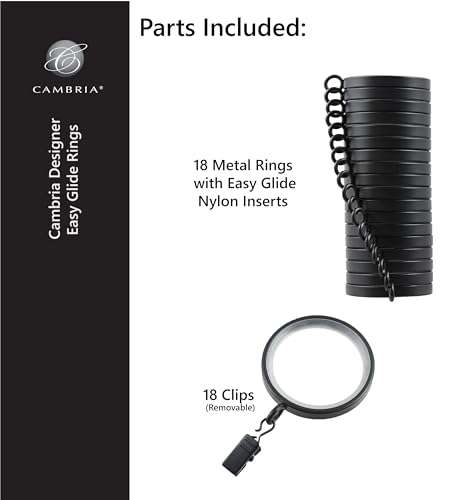 MODE Cambria Designer Series - Premium Easy Glide 18 Count Curtain Rings - Metal with Smooth, Quiet Nylon Inserts with Clips - 2 inch Diameter (1-5/8 inch Inside Diameter) - Brushed Gold 6