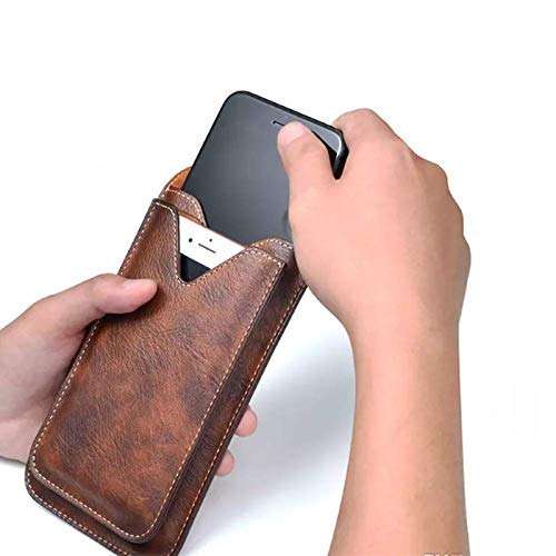 ConnectPoint Brown Texture 2 Pocket Pouch Waist Holster Pouch Genuine Leather Holster Double Mobile Pouch Belt Clip Cases Waist Bag Pack Compatible for LG G8X ThinQ 5