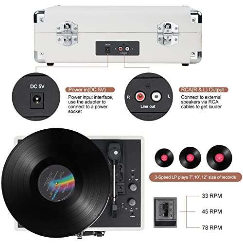 Vinyl Record Player Wireless Turntable Bluetooth 3-Speed Portable Vintage Suitcase with Built-in Speakers, Includes Extra Stylus, RCA Out, AUX in 3