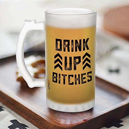 FirseBUY Funny Beer Mug, Drink Up Bitches Humor Printed Glass Mug with Handle 16oz, Large Beer Glass for Women, Beer Cup Drinking Glass 470ml, Stein Set of 1 5