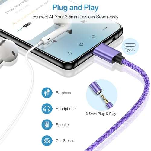 Samsung Audio Aux Car Stereo Jack Cable 3.3ft USB Type C to 3.5mm Headphone Jack Adapter Dongle Cord for Galaxy A17 A26 A36 A56 S25 Ultra S25 Plus S25 S24 Ultra S23 FE A16 A15 A55 A35 A32 4