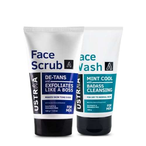 Ustraa Face Wash - Mint Cool - For Dry to Normal Skin - 100g | Reduces Moisture Loss | Removes Dirt & De-Tan Face Scrub for Men, 100g | Effective Tan Removal | with Walnut Granules | No SLS 1
