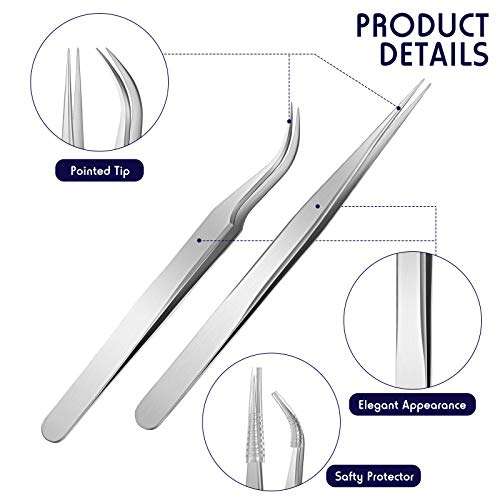 4 Pieces Eyelash Extension Tweezers Stainless Steel Straight and Curved Tip Volume Lash Tweezers Set for Eyelash Extension False Lash Application Tools (Silver) 3