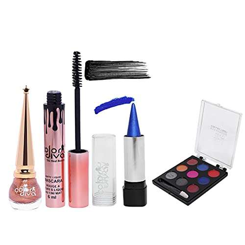 Color Diva - Bonsai Copper Eyeliner, TR Blue Kajal, RG Black Mascara & 9 Shades Multi-Color Eye Shadow Combo (Pack of 4) 1