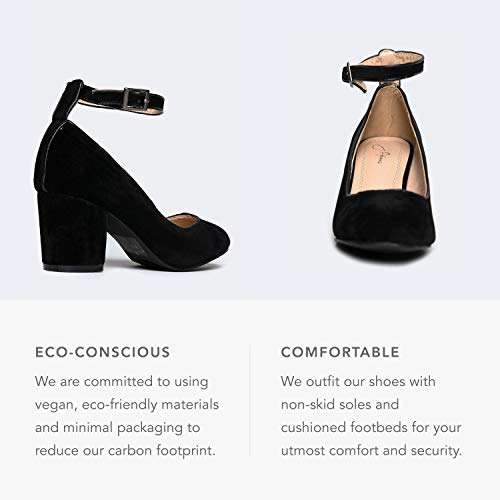J. Adams Ankle Strap Pump Heel -Comfortable Round Toe Dress Block Shoe - Darling Black Suede 3