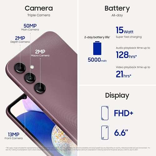 Samsung Galaxy A14 5G (Dark Red, 6GB, 128GB Storage) | Triple Rear Camera (50 MP Main) | Upto 12 GB RAM with RAM Plus | Without Charger 2