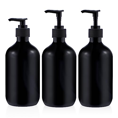 Shampoo Conditioner Body Wash Dispenser – Kimqi 3 Pack 16oz Shower Bottles Refillable with Labels – 500ML Reusable Shampoo Soap Bottles – Black Body Wash Conditioner with Pump 1