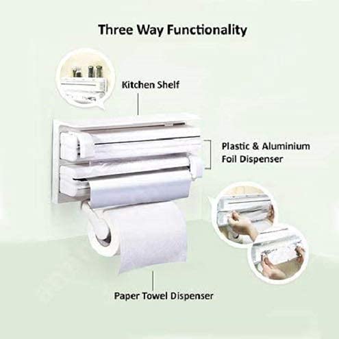 KITCHEN EMPIRE 3 in 1 Wrap Center Holds Silver Foil, Plastic Wrap, and Paper Towels / 3 in 1 Kitchen Triple Paper Dispenser & Holder Paper/Foil/Cling Wrap (White) 5