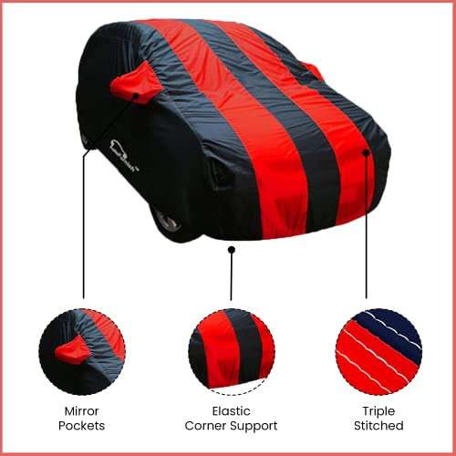 AutoFurnish ARC Red Car Cover - Maruti Suzuki Baleno | Water Resistant | Stripe Design | Triple-Stitched | Dust and Heat Protection | 190T Taffeta | Elastic Bottom| Heavy Buckle | Mirror Pockets | Stylish Car Accessories (Red) 2