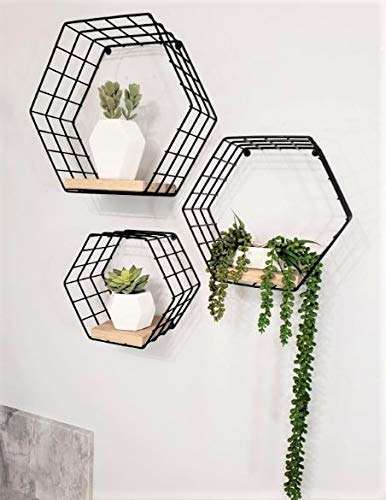 Woodiva Wrought Iron Shelves Wall Mounted Set of 3,Wood and Iron Wall Shelves for Bedroom, Living Room, Bathroom, Kitchen (Black 1