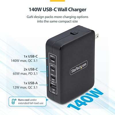 StarTech.com 140W USB-C Wall Charger, 3X USB-C/1x USB-A, PD 3.1 International GaN Power Adapter for MacBook/Dell XPS/Inspiron 4