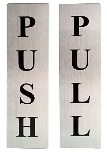 EKRON Push Pull Metal Sign Stickers Self Adhesive Stainless Steel Push & Pull Signage Board for Glass Wooden Doors/Office Hospital Mall Gate Sticker Combo (Silver) 1