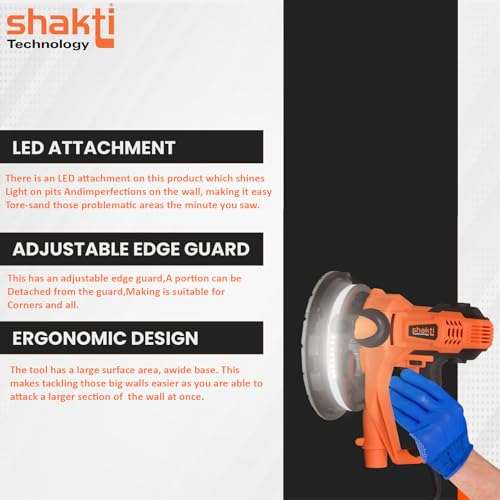 Shakti Technology DS-11 Dry Wall Sander with Vacuum and LED with Side Handle and Dust Collecting Bag, 800W, 2300RPM,180MM - 6 Months Warranty 6