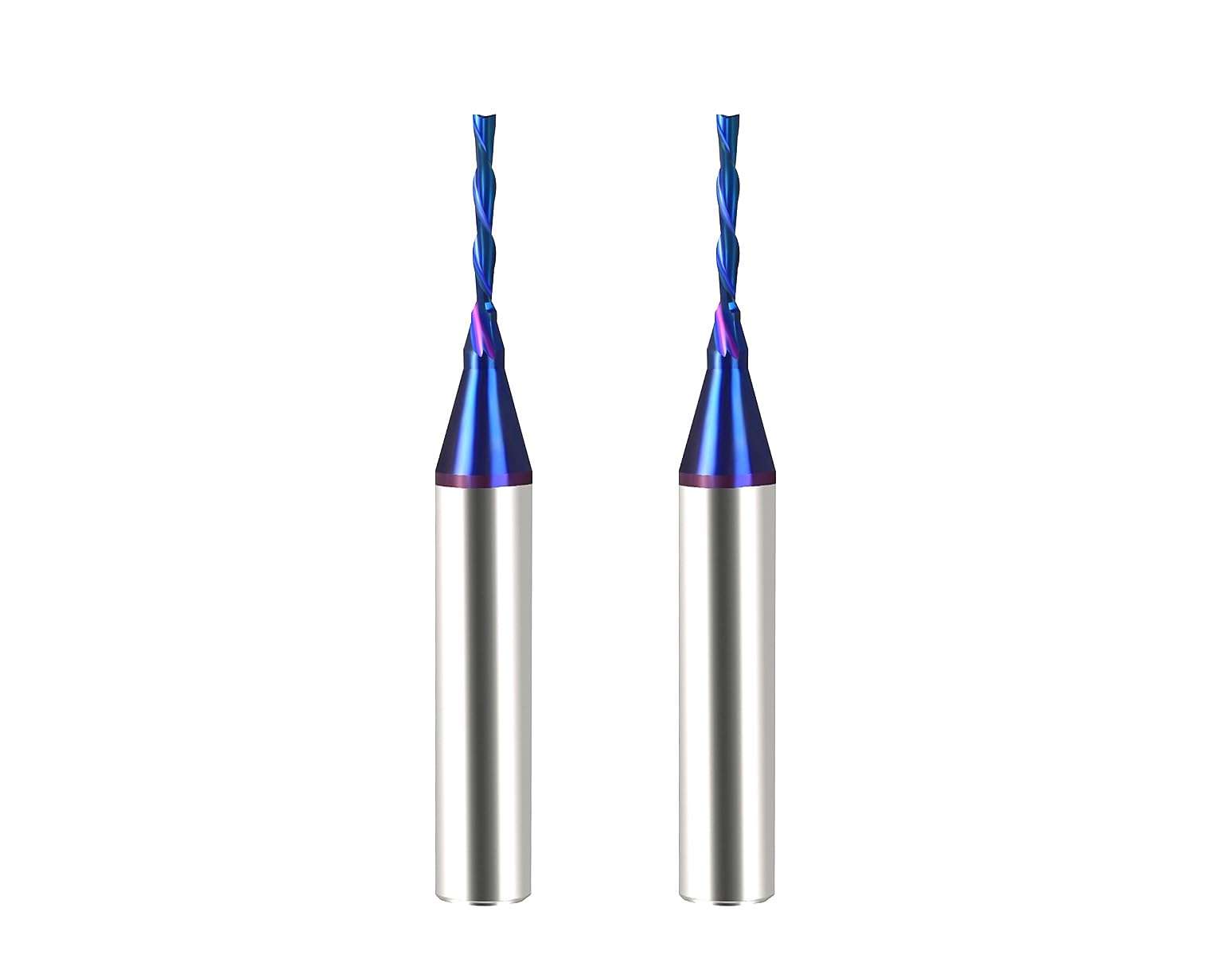 DashHound 2PCS Solid Carbide Spiral Plunge Down Cut 1/16 inch Cutting Dia 1/4 inch Shank Solid Carbide End Mill with Nanco Blue Coating CNC Router Bits for Wood Cut 3D Carving Engraving BRD222 1