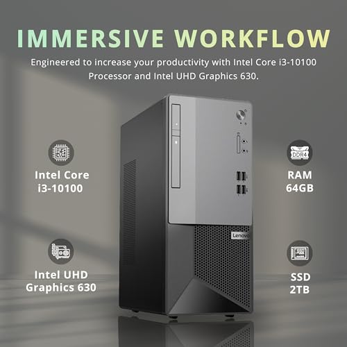Lenovo V50t Gen2 Business Tower Desktop, Intel Core i3 10100, 64GB DDR4 RAM, 2TB PCIe SSD, DVD-RW, HDMI, RJ-45, Display Port, Wired Keyboard & Mouse, Win 11 Pro, Black, 32GB USB Card 2