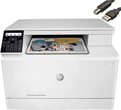 HP Color Laserjet Pro M182nw Wireless All-in-One Laser Printer, Remote Mobile Print, Auto-On/Auto-Off Function, 17 ppm, 150-Sheet, 600 x 600 dpi, Works with Alexa, Bundle with JAWFOAL Printer Cable 1