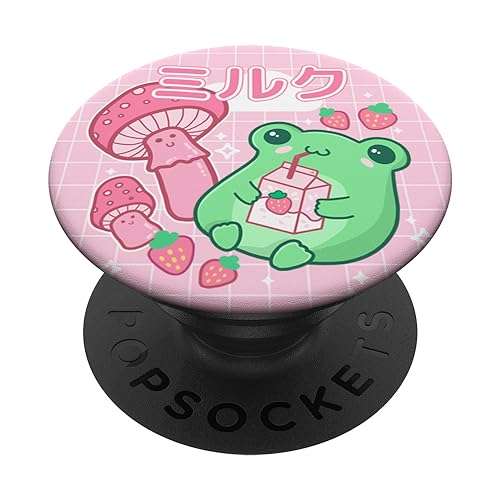 Cute Cottagecore Frog Strawberry Retro 90s Kawaii Aesthetic PopSockets Adhesive PopGrip 1