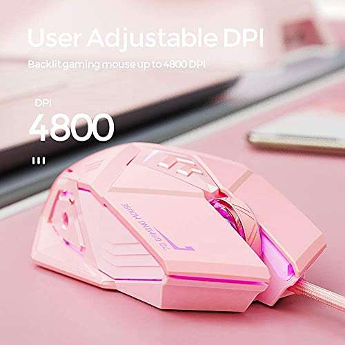 INPHIC Pink Gaming Mouse. USB Optical Wired Mouse. RGB Backlight. 4 Levels Adjustable DPI up to 4800. Silent Click, Ergonomic and 7 programmable Buttons Design. PC Gaming Mice for Windows System. 2
