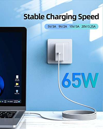 65W Fast Charger Fit for Samsung Laptop Charger, Galaxy Book Pro, Pro 360, Notebook, Ep-Ta865 ＆ More Devices with USB Type C Connector, Foldable Scratch-Resistant Plug, PD, Detachable 7.5FT Cable 3