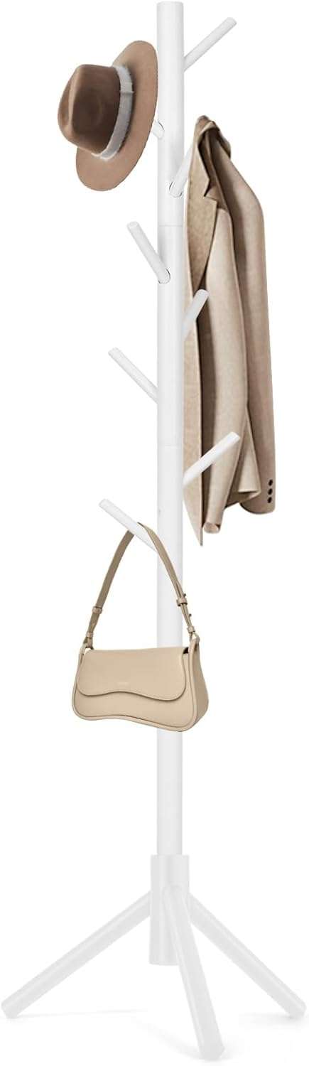 FROVA Wooden Clothes Hanging Stand with 8 Hooks | Free Standing Coat Hanger for Home | Ideal for Coats, Hats, Bags & Scarves | Cloth Stand for Bedroom | 9x9x68 inch, 1 Piece (White) 2