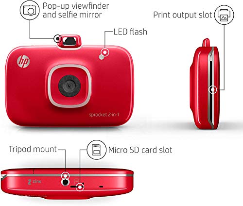 HP Sprocket 2-in-1 Portable Photo Printer & Instant Camera, print social media photos on 2x3" sticky-backed paper - Red (2FB98A) 3