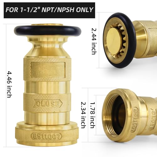 Fire Hose Nozzle 1-1/2" NPSH/NPT Fire Fighter Hose Nozzle 100 psi 75 gpm Brass Fire Equipment Jet Fog Spray Nozzle, Heavy-Duty Industrial Brass Fire Equipment Water Hose Nozzle 2
